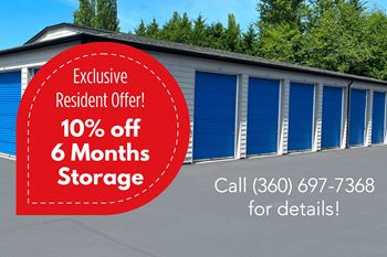 A storage facility is advertising a 10% discount on 6 months of storage for residents.